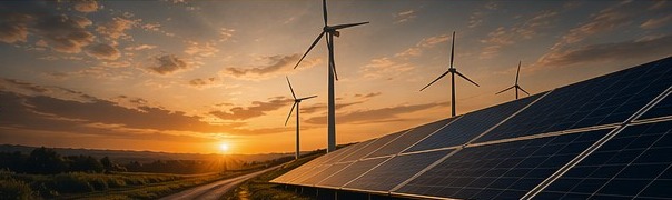 Solar and wind renewable energy array at sunset
